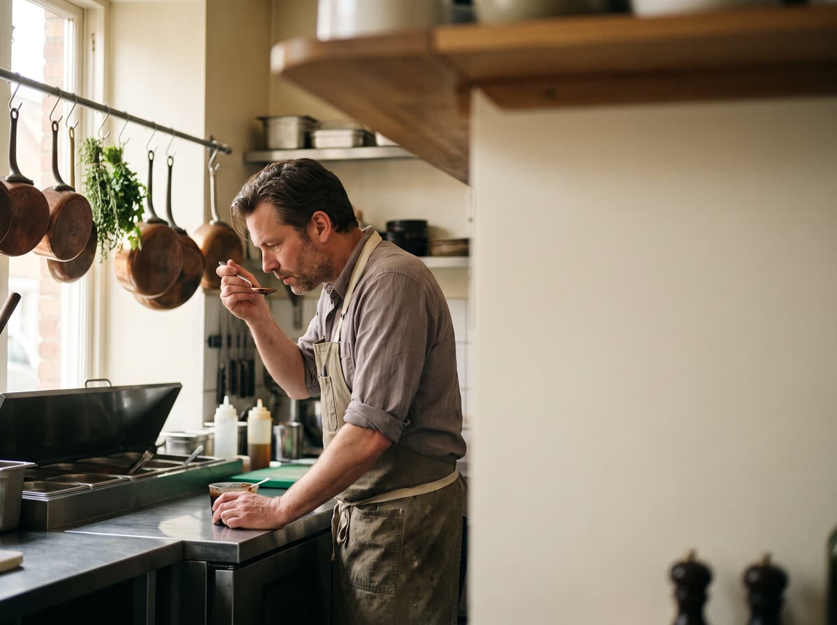 A restaurant owner in his kitchen before service.