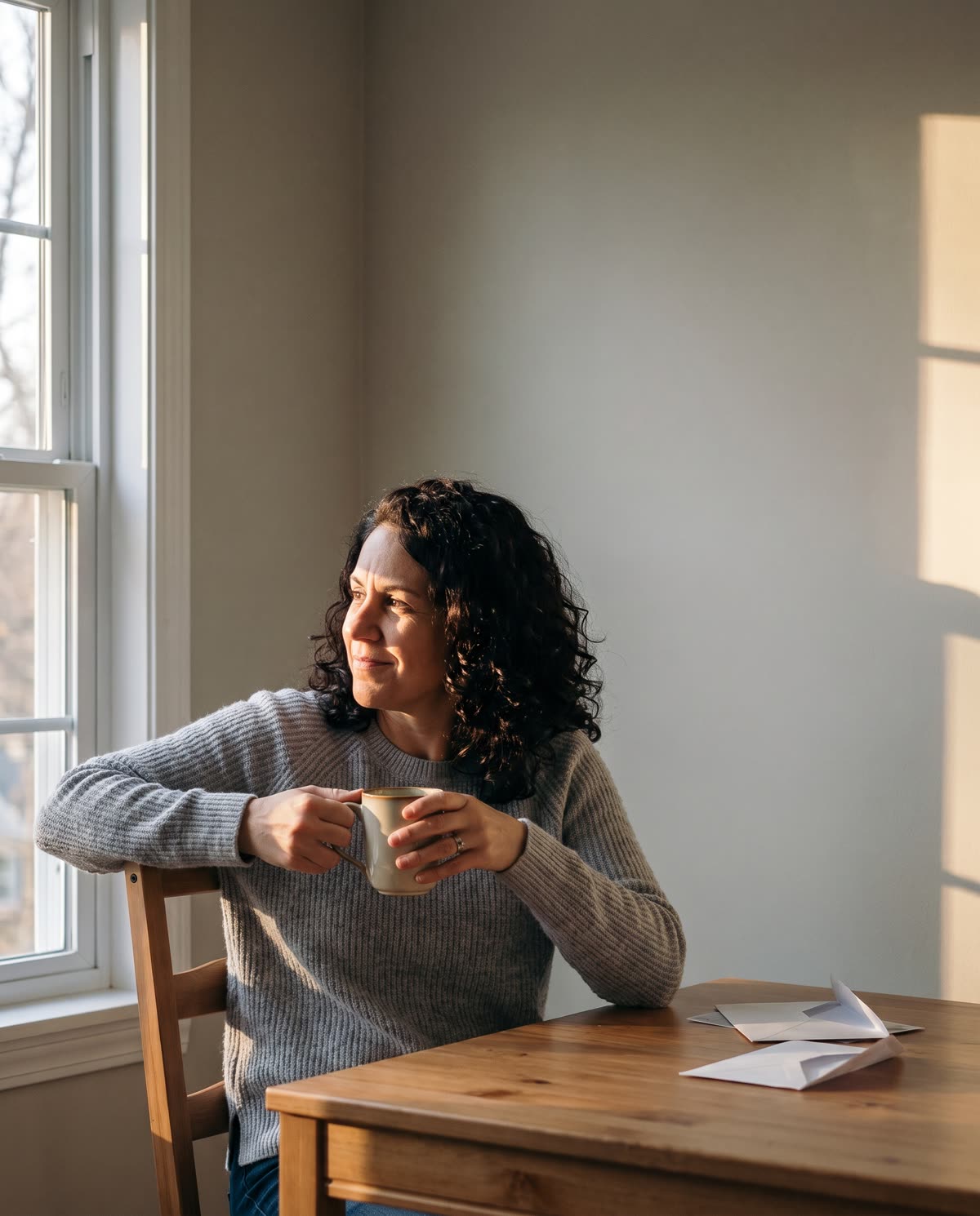 The same woman relaxing at her kitchen table with a cup of tea.