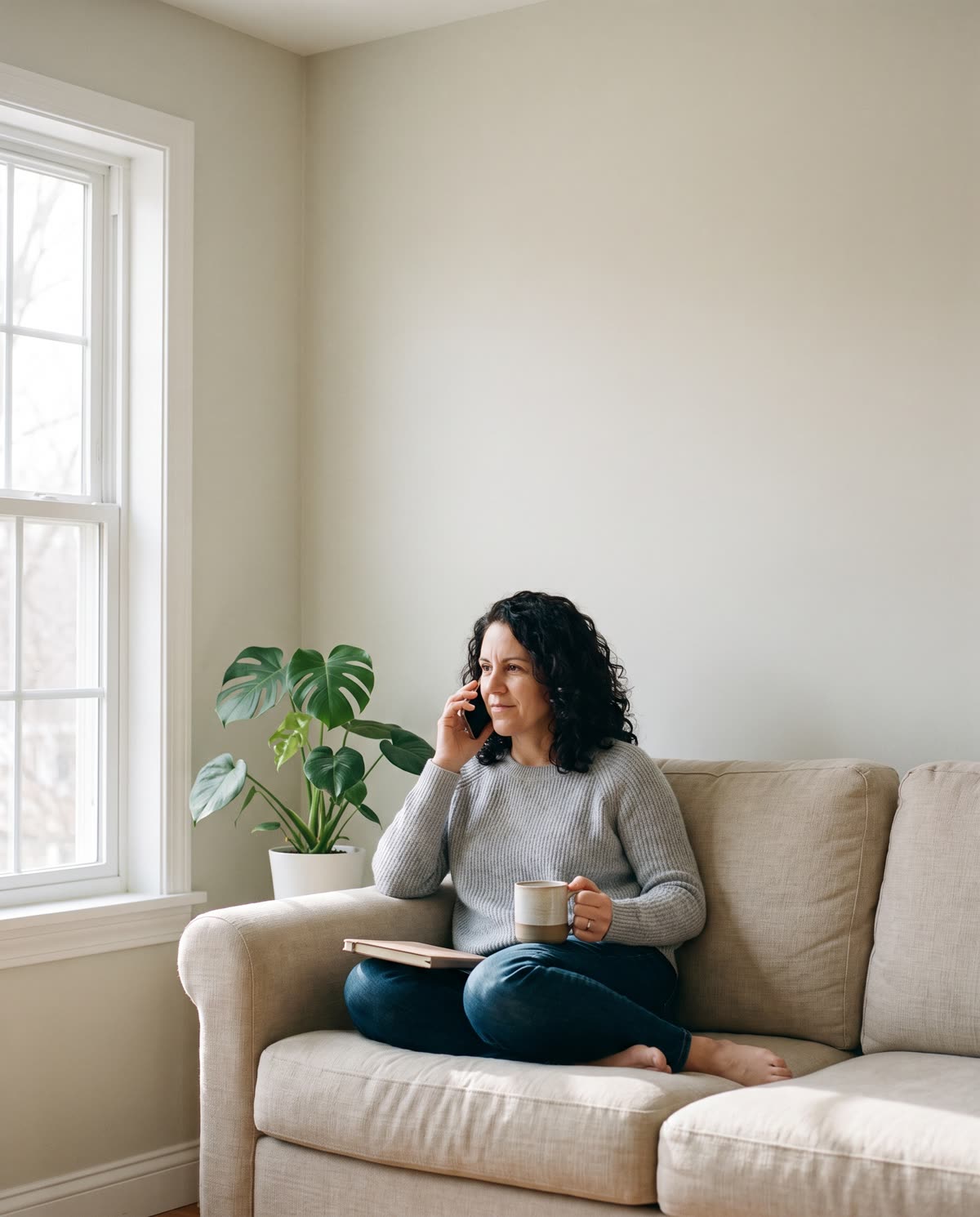 A woman on a call at home in the morning, a mug in her hand.